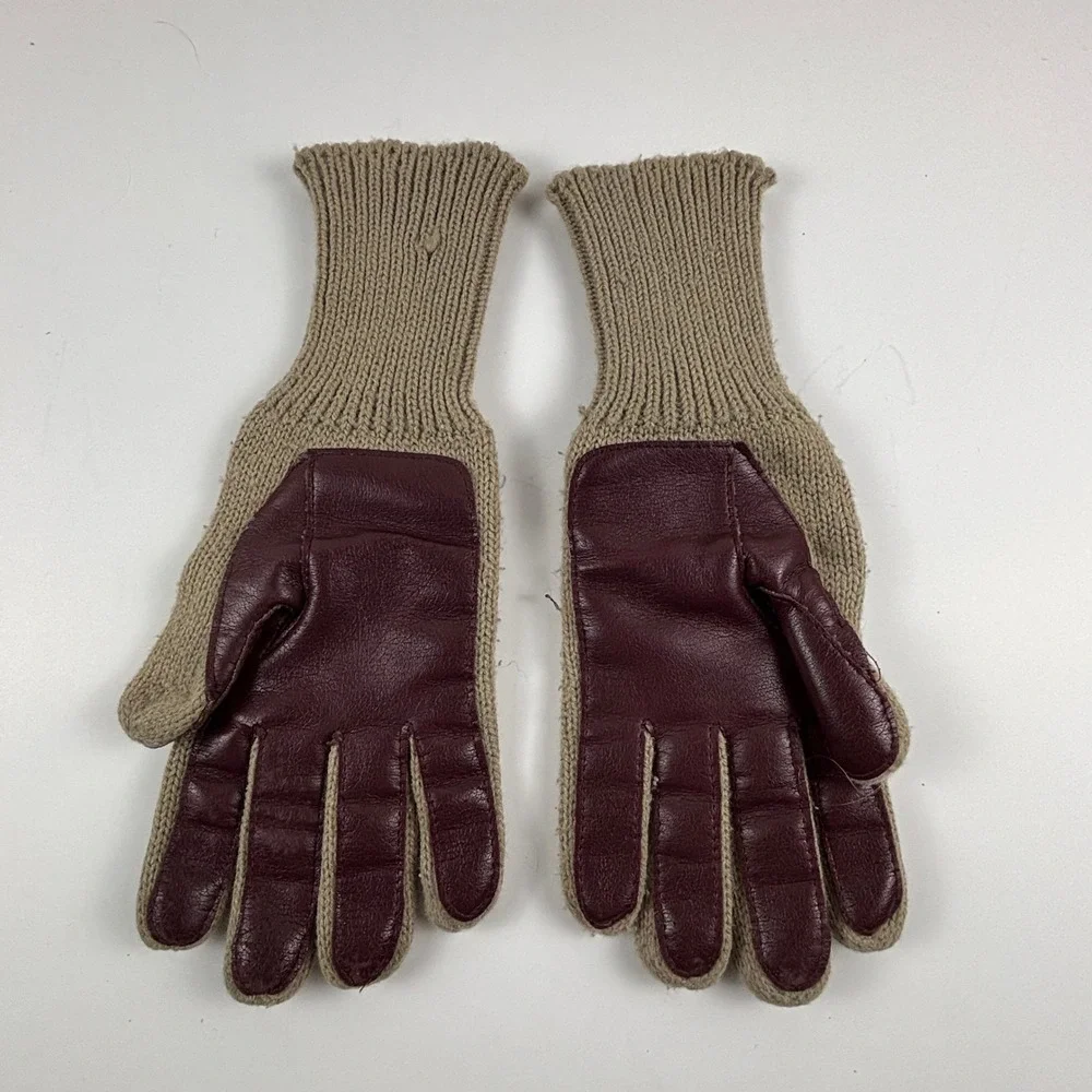 Vintage English Village Knit Leather Driving Gloves Womens Tan‎ Burgundy Gold CC